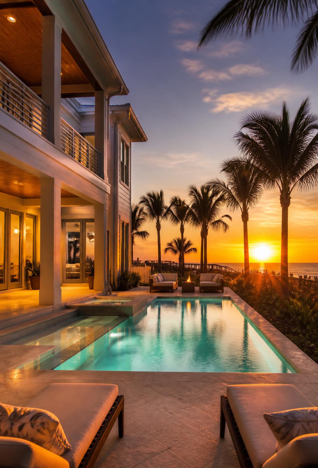 Vacation home with a private pool at dusk
